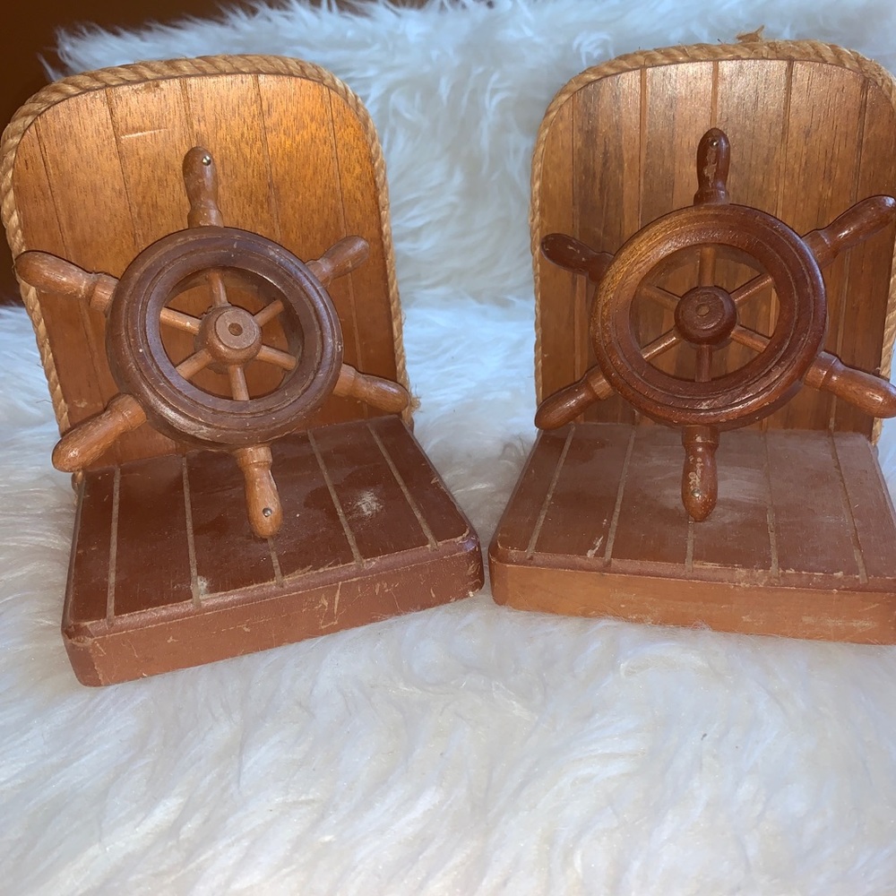 Vintage Wooden Ships Wheel BookEnds